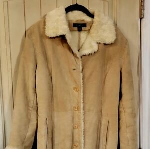 Static Mid LengthTan Leather Faux Sherpa Lining Womens Large Western Ranch Coat